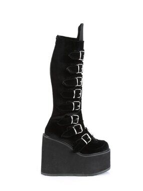 Black Velvet Knee High Boots with 8 Buckle Straps